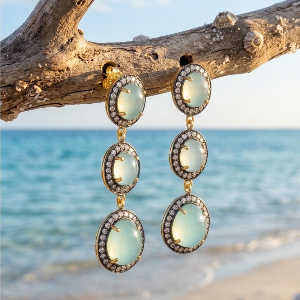 Exquisite Seafoam Chalcedony & Diamond Drop Earrings